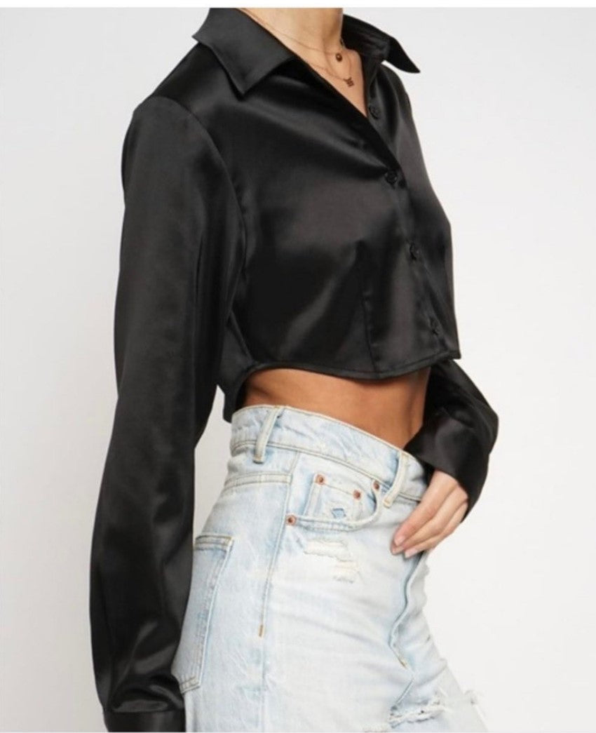 Cropped Satin Button Down Top